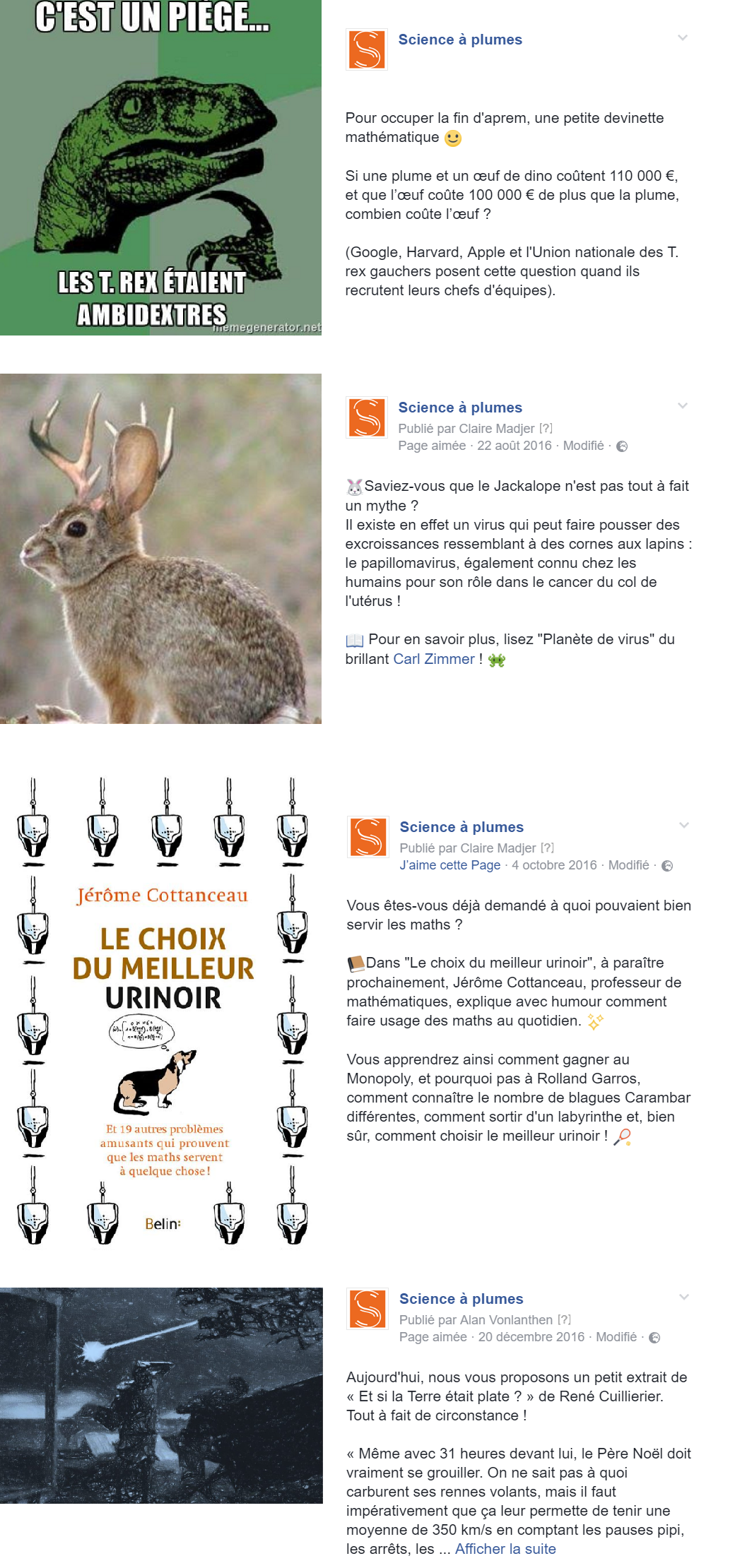Exemples de posts Facebook de la première campagne Science à plumes